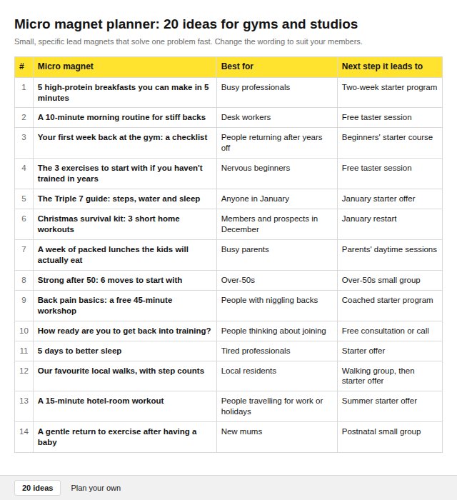 The micro magnet planner: 20 lead magnet ideas for gyms and studios, and a sheet to plan your own