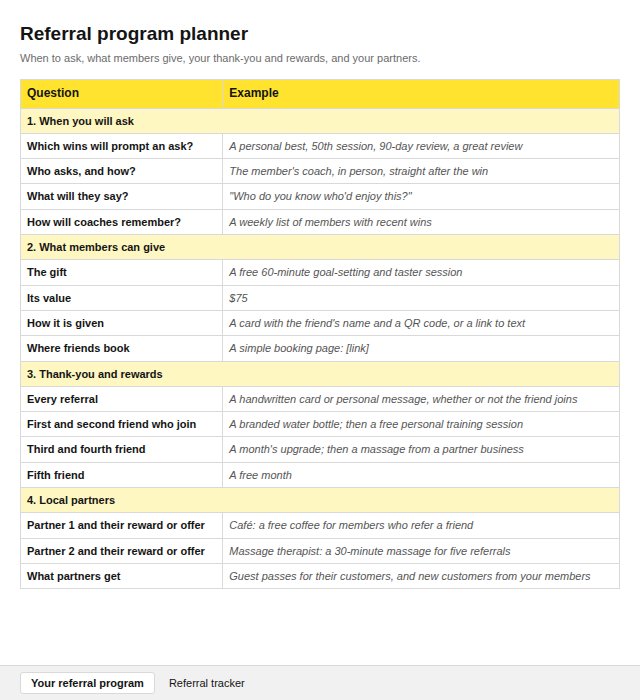 The referral program planner: when to ask, what members give, the thank-you and rewards, and a tracker for every referral