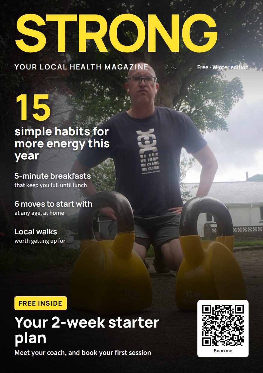 Example Magic Brochure cover: a local health magazine called Strong, with a coach and two kettlebells, cover lines about 15 simple habits, 5-minute breakfasts, 6 moves to start with and local walks, a free starter plan offer and a QR code