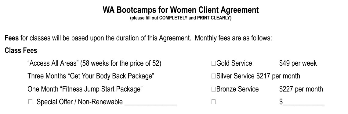 The WA Bootcamps for Women client agreement: 60-minute sessions three times a week, with Gold Access All Areas at $49 a week (58 weeks for the price of 52), Silver three-month Get Your Body Back Package at $217 a month, and Bronze one-month Fitness Jump Start Package at $227 a month, all prepaid
